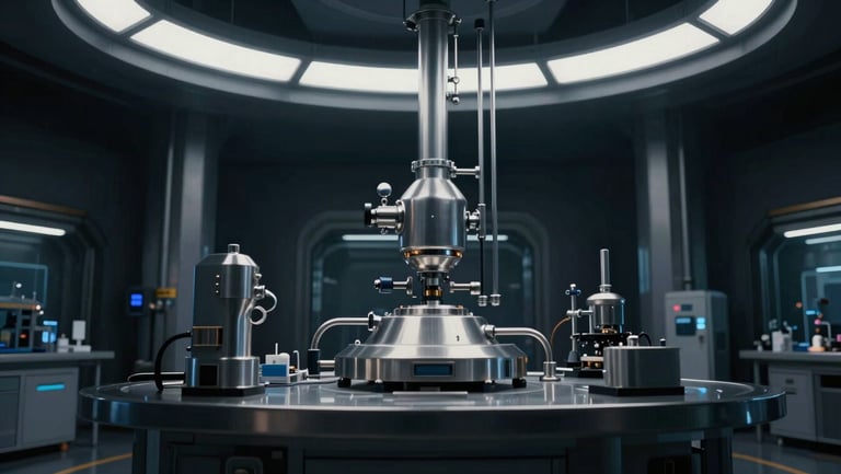 Widescreen film still of a futuristic industrial laboratory, cool metallic silver tones, deep navy shadows, dramatic overhead rim lighting