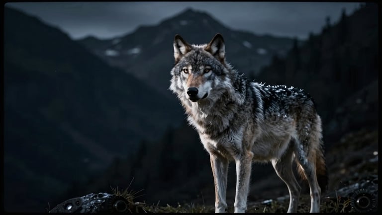 Cinematic video thumbnail, high-contrast dark wildlife shot of a wolf in French Alps, dramatic rim light, anamorphic widescreen aspect ratio, technical viewfinder overlay