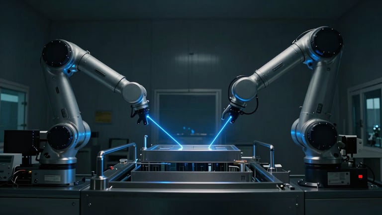 Widescreen film still of an automated cleanroom facility, robotic arms in motion, sharp electric blue laser guides, low-key cinematic lighting