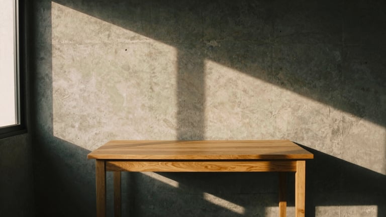 A minimalist workspace in Hyderabad, a single raw oak desk against a textured concrete wall, long dramatic shadows from golden-hour light through a high window, 35mm film.