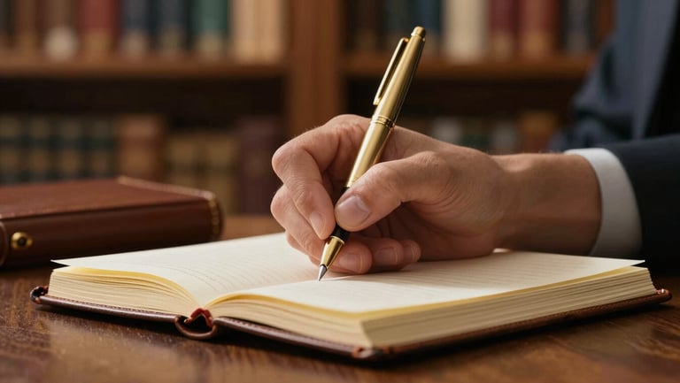 Cinematic close-up of hands writing with a gold pen in a leather journal, warm directional lighting, soft-focus background of a private library
