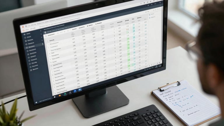 Overhead view of a work-in-progress PPC campaign setup on a large monitor, keyword bids and quality scores visible, a notepad with handwritten cost-per-click notes beside the keyboard, soft overcast daylight