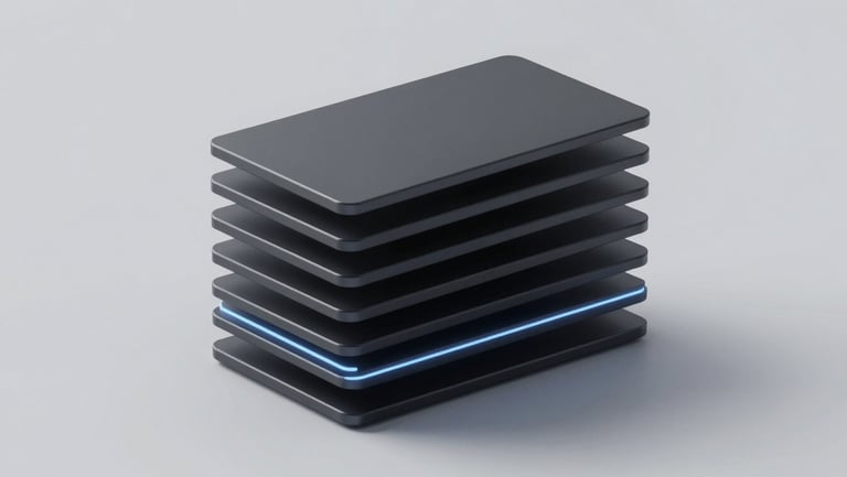 Sleek dark-mode 3d render of stacked index layers showing market structure, clean geometric shapes, high-contrast tech aesthetic