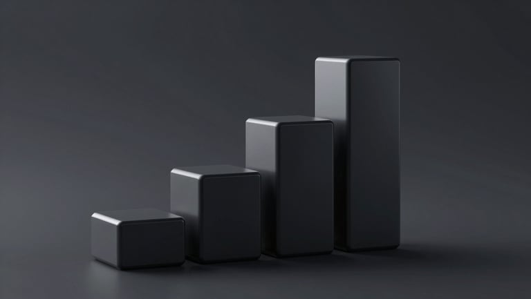 Sleek dark-mode 3d render of corporate stock performance bars, clean geometric shapes, high-contrast tech aesthetic