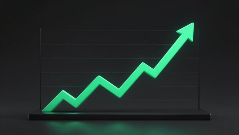 Sleek dark-mode 3d render of a minimalist Bitcoin price chart showing upward breakout, neon mint green accents, high-contrast tech aesthetic