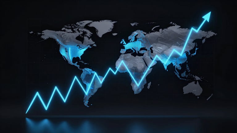 Sleek dark-mode 3d render of a global currency exchange chart with abstract glowing lines, electric blue accents, high-contrast tech aesthetic