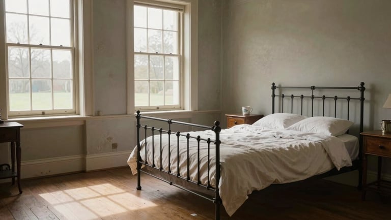 Environmental wide shot of a Victorian-era guest room as it actually is — iron bedframe with rumpled linen, morning light through tall single-glazed sash windows casting long shadows on oak floorboards, a small nightstand with a ceramic mug, patina on the plaster walls, soft overcast north-facing daylight