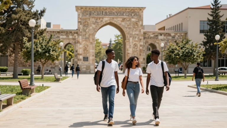 Wide environmental shot of two African students walking on a sun-drenched modern Turkish university campus, historic stone archway in the background, bright natural daylight.