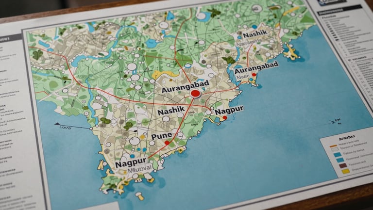 Panoramic overhead map view of Maharashtra state with five city markers highlighted — Pune, Nashik, Aurangabad, Nagpur, and Navi Mumbai — laid on a campaign planning table with printed route sheets visible at edges