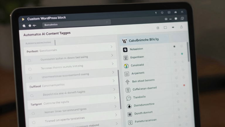 A sharp close-up of a custom WordPress block editor interface showing automated AI content tagging fields and clean metadata panels, cool-toned studio lighting.