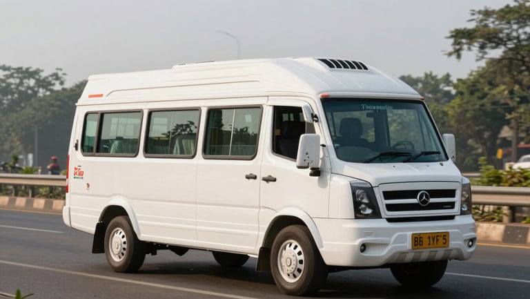 Three-quarter front of a white Tempo Traveller minibus on a Bangalore highway in bright morning light, side windows visible, large luggage compartment