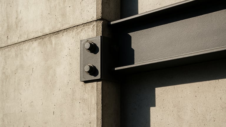 Close-up of a perfectly executed concrete joint and steel structural connection in a modern residential build, natural high-contrast sunlight highlighting textures.