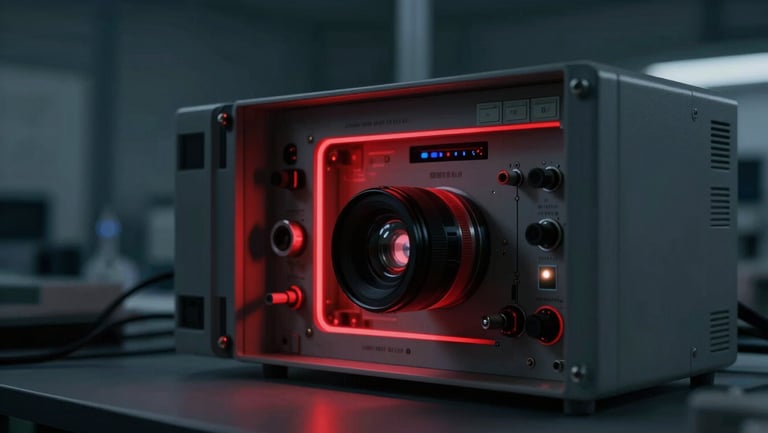 Technical instrumentation interface in a clean-room scientific testing environment, low-key dramatic lighting, crimson edge-lights, 50mm lens