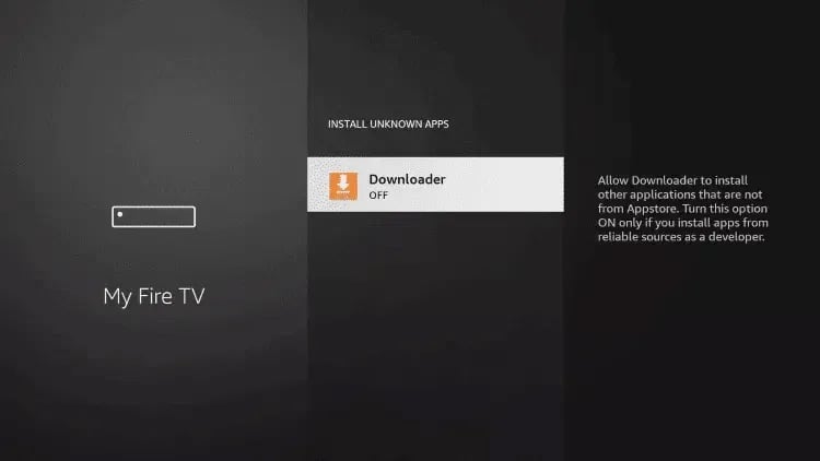 Amazon Fire TV settings screen showing the Install Unknown Apps option for the Downloader app.