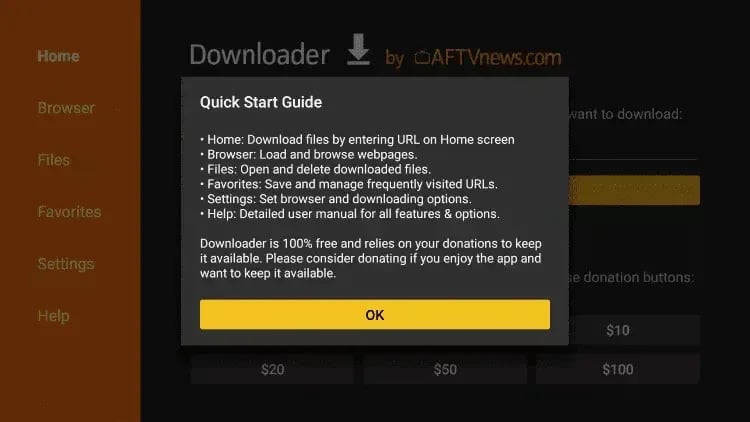 Screenshot of the Downloader app Quick Start Guide on Fire TV, showing app features and donation options.