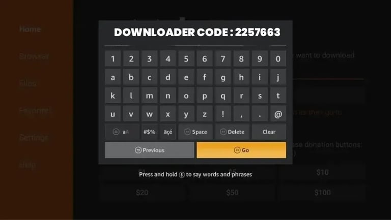 A Fire TV screen displaying a Downloader app keypad with the specific Downloader code 2257663.