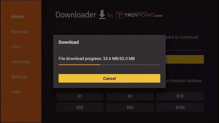 The Downloader app interface showing a file download progress bar for a 33.6 MB transfer on Firestick.