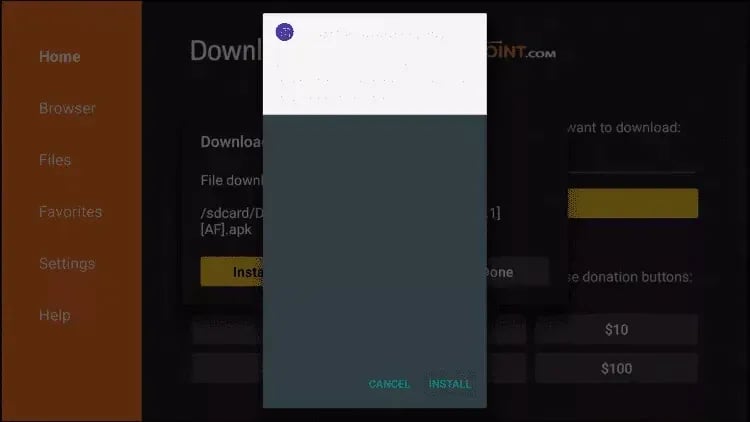 Android TV downloader app showing a pop-up dialog to install a downloaded APK file on a smart TV.