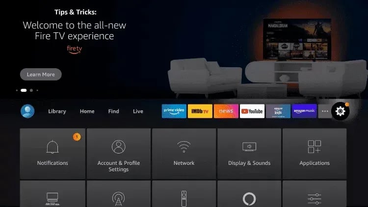 Screenshot of the Amazon Fire TV interface showing the settings menu and navigation bar.