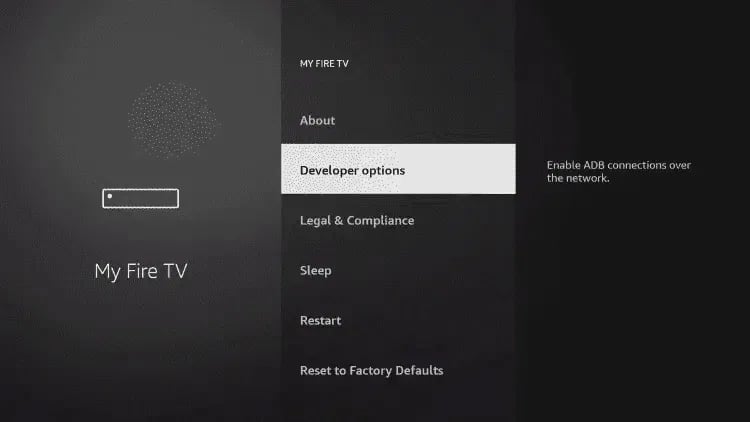 Amazon Fire TV settings menu showing the Developer options selection to enable ADB connections.