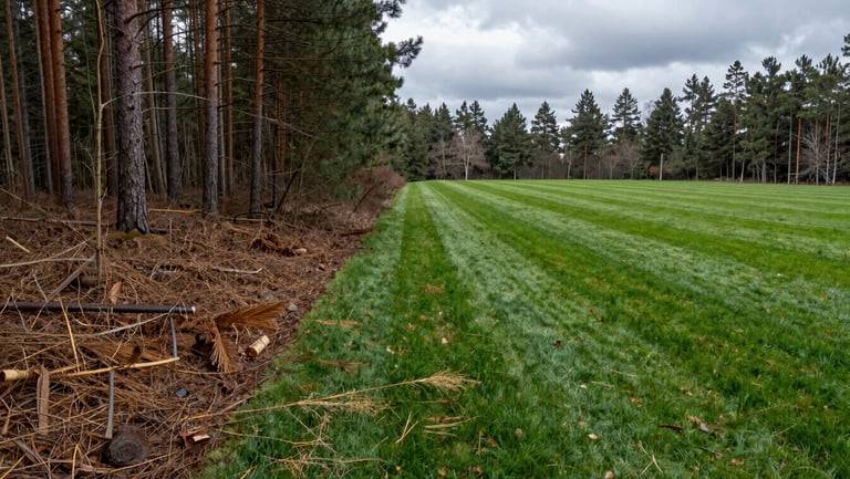 Overcast daylight shot of a clean property line showing reclaimed forest floor on one side and a perfectly manicured grass field on the other