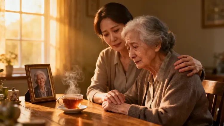 Family caregiver supporting an elderly loved one with dementia, representing anticipatory grief and emotional connection