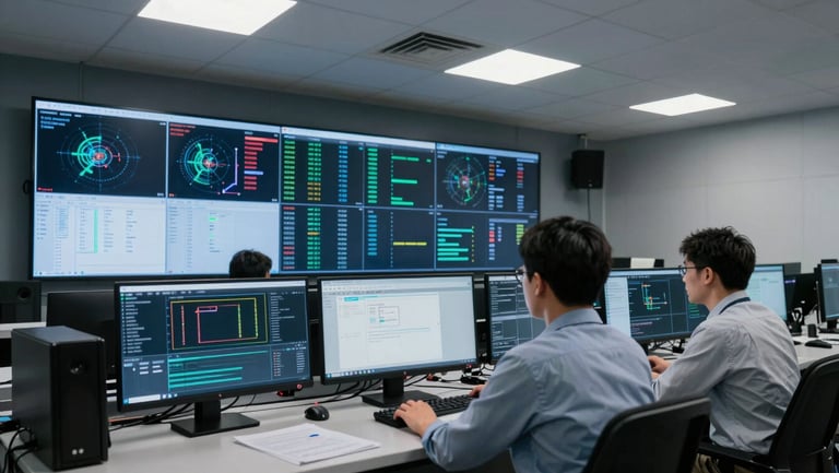 Wide environmental shot of a security operations center, two analysts reviewing live dashboard screens showing network traffic data, controlled studio lighting from overhead panels, cool even tone, precise framing, no dramatic shadows