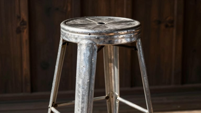 Traditional rustic cowboy stool made of solid cast aluminum, outdoor ranch setting, dramatic natural lighting.