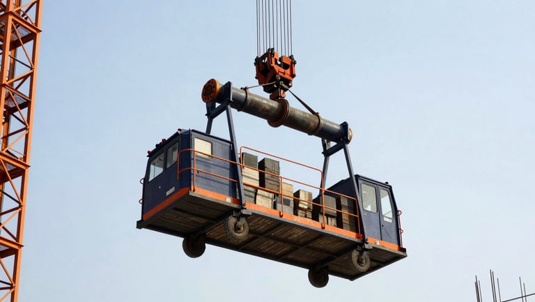 A robust industrial material hoist loaded with construction materials ascending an active infrastructure site, high-contrast daylight, 35mm.