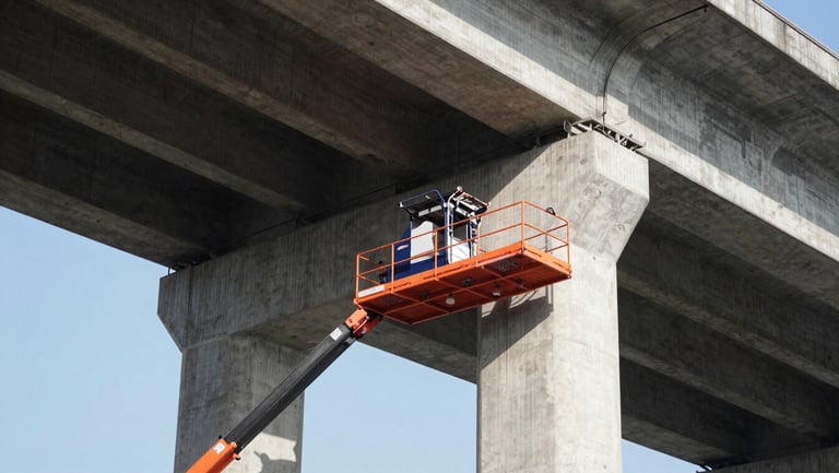 A heavy construction lift operating on a massive concrete bridge pillar under bright daylight, crisp architectural perspective, 35mm.
