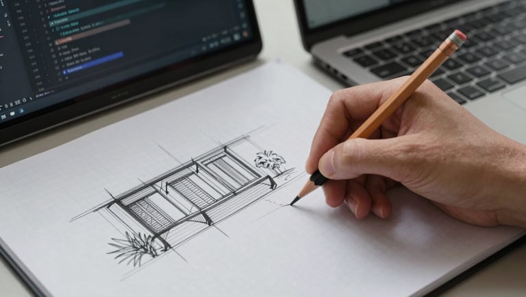 Close-up overhead view of a hand sketching a site architecture diagram on graph paper beside an open laptop showing a code editor, cool neutral studio lighting, pencil lines sharp and legible, laptop keyboard visible at the right edge
