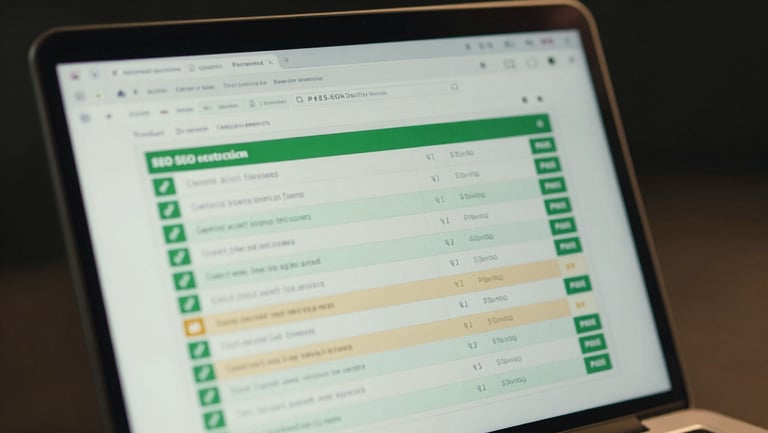 Focused close-up of a laptop screen showing a technical SEO audit report with green pass indicators and a few flagged items in amber, dark background behind the laptop, cool studio lighting creating a slight glow on the screen