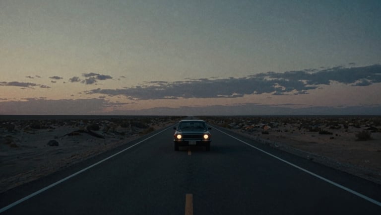 Cinematic 35mm film still, extreme wide shot of a lone car on an endless desert highway under a bruised twilight sky, dramatic low-key lighting.