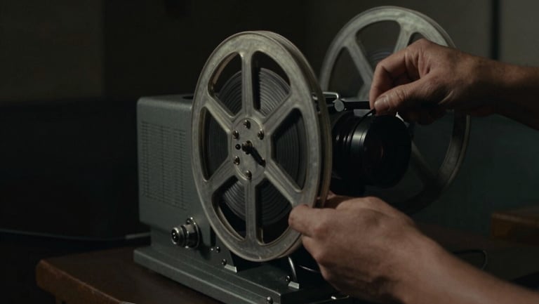 Cinematic film still, dramatic low-key lighting, a close-up of hands threading 35mm celluloid onto a vintage projector in a dark booth.