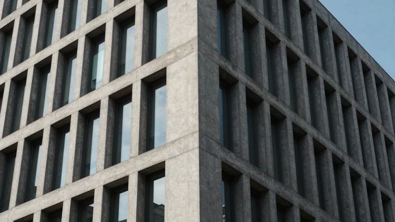 Sharp architectural angle of a modern concrete office building facade under crisp, cool daylight.