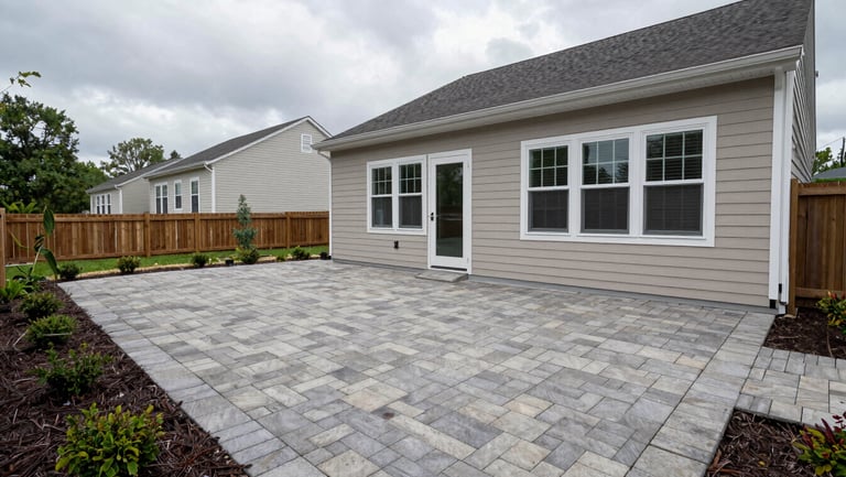 Wide environmental shot of a completed backyard patio in a DC-area residential property, overcast daylight, full paver or concrete deck visible with surrounding landscaping, no people, honest finished-result framing