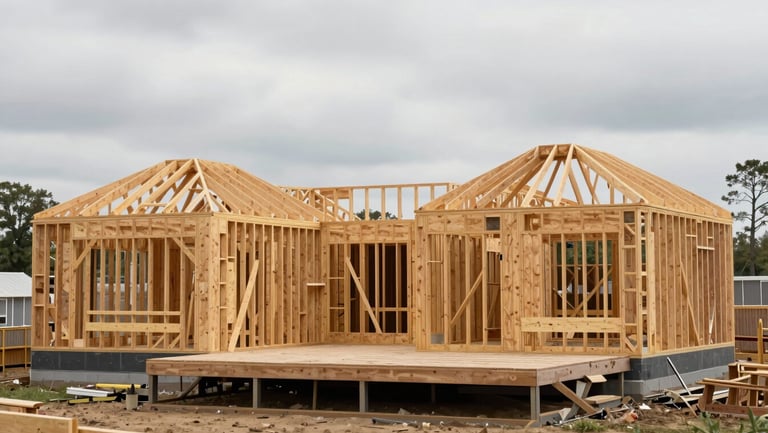 Wide shot of a new residential construction project in the DC metro area, overcast natural light, framing stage visible with lumber structure and roof trusses in place, honest mid-project documentation, no people