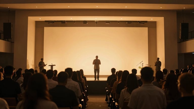 Wide cinematic shot of a modern worship stage with soft amber light leaks, glowing warm atmosphere, silhouettes of people in prayer