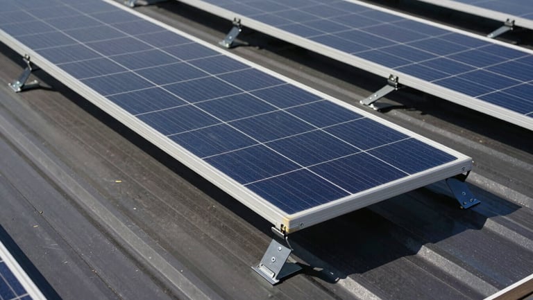 Close-up of high-efficiency monocrystalline solar panels showing precise mechanical mounting clamps on a dark metal roof, crisp architectural shadows, bright midday sun.