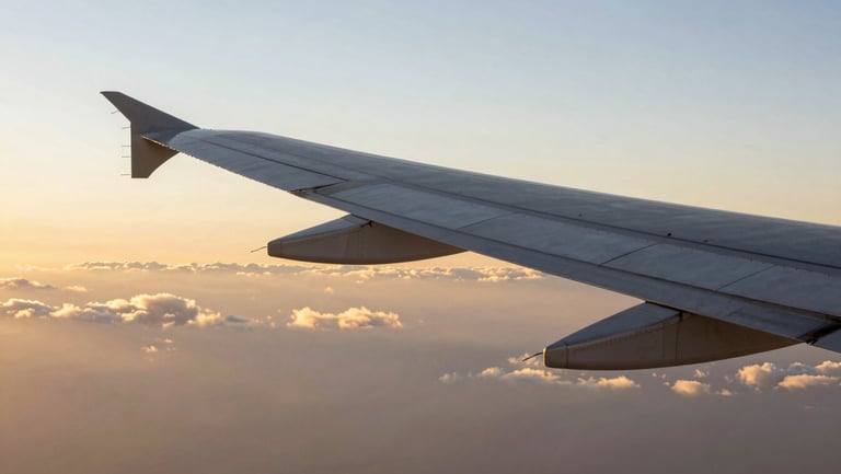 The clean geometry of a modern aircraft wing slicing through a sea of golden clouds during sunset, crisp and elegant composition.
