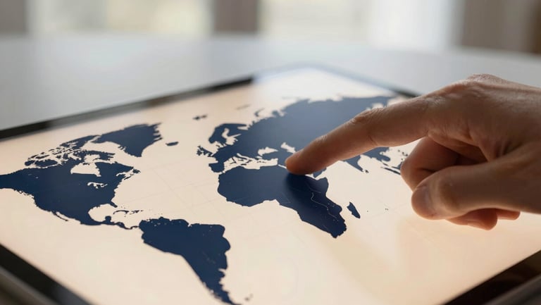 Close-up of a hand pointing to a world map on a sleek tablet, overlaid with subtle data lines, soft natural window light, deep navy and warm champagne tones, shallow depth of field, 35mm.