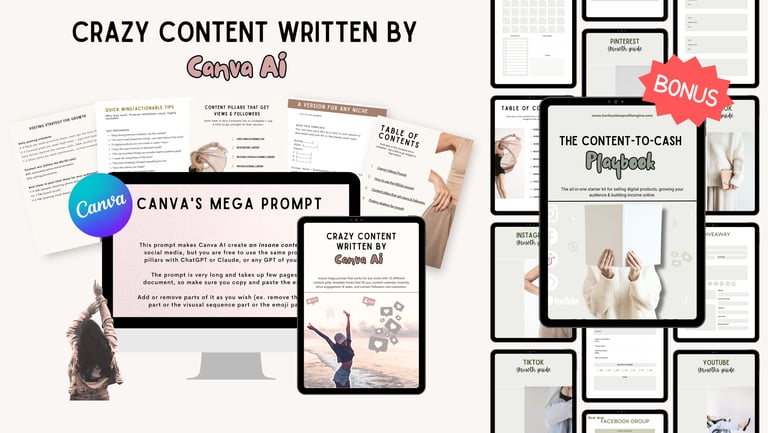 Canva AI Content-to-Cash Playbook showing digital marketing guides and social media strategy templates.