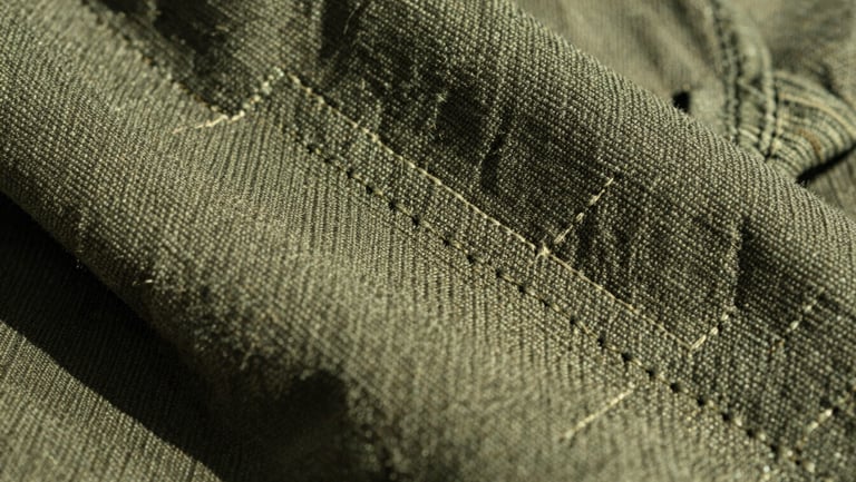 Extreme macro shot of durable pine green canvas fabric, showing detailed custom stitching and rugged texture under natural high-contrast sunlight.