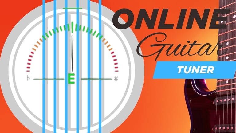 Digital online guitar tuner interface showing an E note on a dial next to an electric guitar.