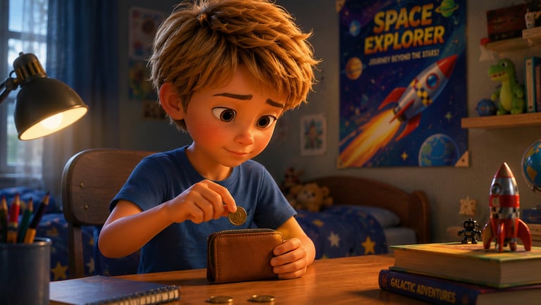 A young boy putting a gold coin into his wallet in a space-themed bedroom.