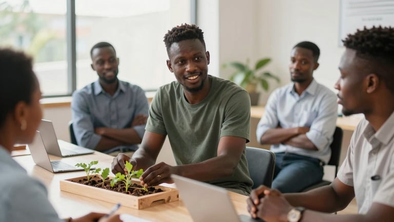 A focused young Guinean entrepreneur presenting a clean agricultural prototype to a group of attentive mentors in a bright workspace, soft natural light