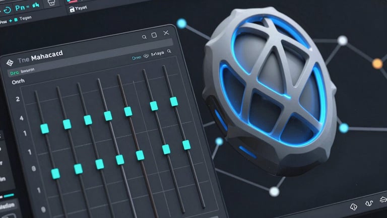 Tight overhead Maya viewport screenshot showing a Python skinning automation panel with cyan-highlighted weight sliders, dark UI chrome, node connections visible in background, volumetric blue rim on the geometry