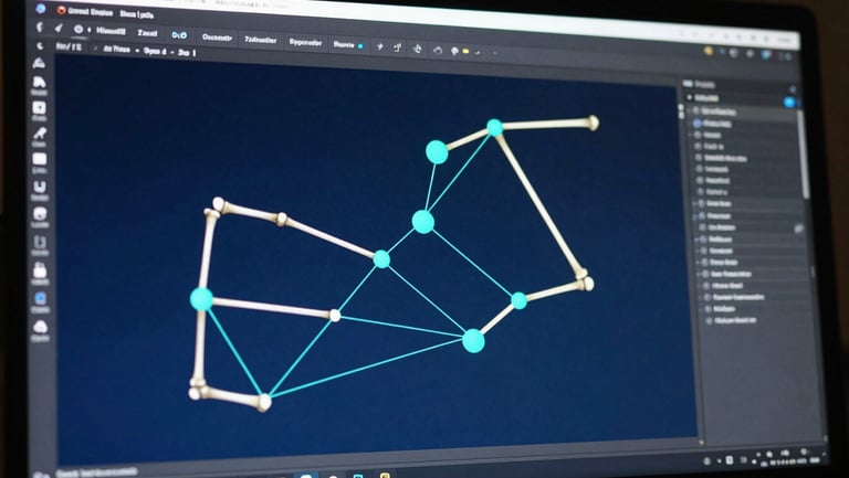Unreal Engine Blueprint editor screenshot with retargeting node graph visible, cyan accent lines tracing bone chain connections, dark editor chrome, controlled geometry space lighting with blue volumetric ambient