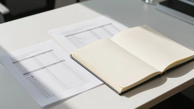 Wide shot of a clean office desk from above, financial documents and a ruled ledger open under bright north-facing daylight, no people, papers precisely aligned, sharp institutional clarity