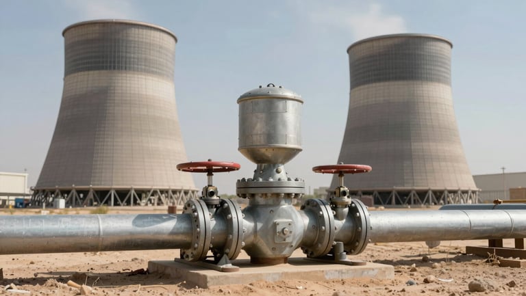 Industrial district cooling tower equipment, steel pipes and valves under bright direct desert daylight.